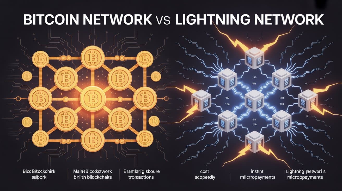 Illustration comparing Bitcoin on-chain transactions and Lightning Network payments showing differences in speed, fees, and transaction layers.
