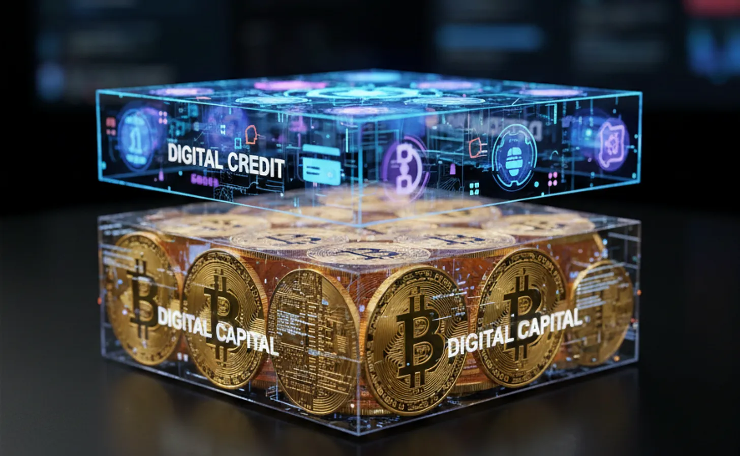 Bitcoin Digital Credit system diagram showing Bitcoin collateral supporting lending markets, credit instruments, and Bitcoin capital markets.